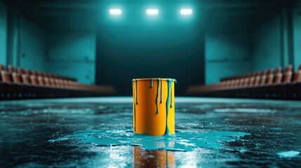 Poster - A vivid yellow paint can spills onto a polished studio floor, its vibrant liquid contrasting against the industrial setting, symbolizing creativity and artistic expression.