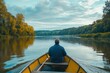 © ArtSpree - Fisherman catching big fish with rod in scenic lake - outdoor fishing hobby activity. Beautiful simple AI generated image