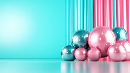 Poster - A cluster of reflective bubbles set against a striped background presents an engaging visual composition that blends modern aesthetics with playful charm.