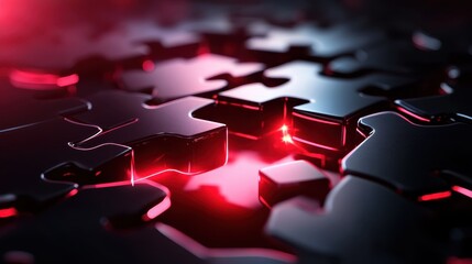 Poster - This dark, intriguing image features puzzle pieces illuminated with a striking red glow, representing the challenges we face and the solutions we seek in a complex world.