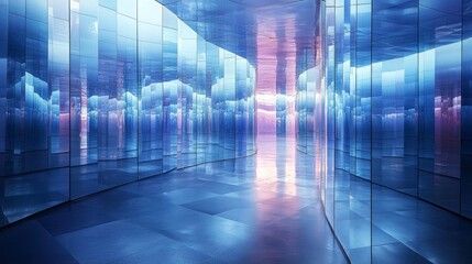 Aufkleber - In a mesmerizing corridor composed of reflective surfaces, light dances off walls in shades of blue and pink. The atmosphere invites exploration and introspection, suggesting a transformative journey