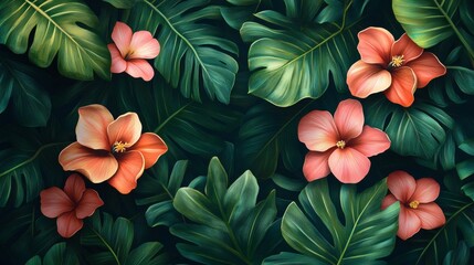 Poster - exotic dark background adorned with vibrant tropical flowers rich green banana leaves and elegant pa