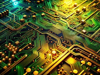 Poster - abstract green gold circuit board: tech innovation background