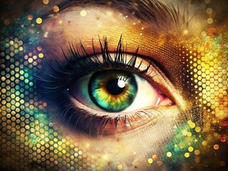 Poster - Abstract Halftone Eye Collage: Trendy Grunge Bokeh Design Element
