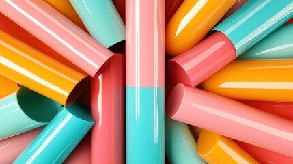 Poster - This striking image features an array of glossy, colorful tubes arranged dynamically, symbolizing creativity and modern design in a captivating and artistic manner.