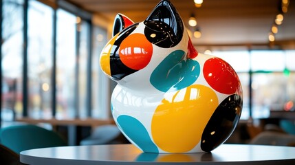 Poster - A striking, stylized cat sculpture featuring a bold patchwork of colors, ideal for enhancing contemporary spaces with its artistic and playful aesthetics.