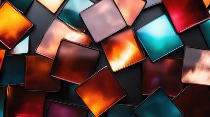 Aufkleber - This vibrant image features a collection of colorful glass tiles displaying a beautiful array of hues and reflections, creating an engaging abstract visual for art lovers.
