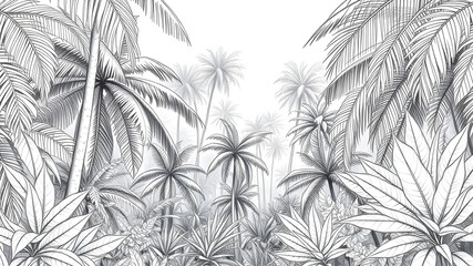 Tropical forest black and white rough lines and no fading and no shading pencil sketch for a wall design only the outlines. Generative AI