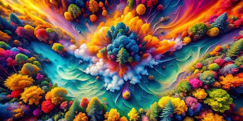 Poster - Abstract Psychedelic Fractal Background: Drone View of Vibrant Paint Brush Strokes & Blurred Lines