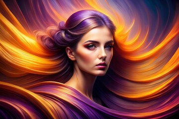 Poster - Abstract Purple Orange Waveforms: Wide Panoramic Digital Art