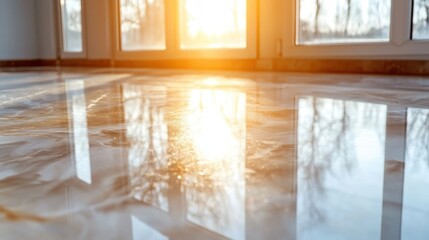 Poster - A rustic, glossy floor reflects the captivating glow of golden sunlight filtering through windows, creating a warm and inviting atmosphere in the space.