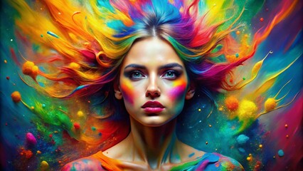 Poster - Abstract Rainbow Burst: Vibrant Color Splash Portrait Photography