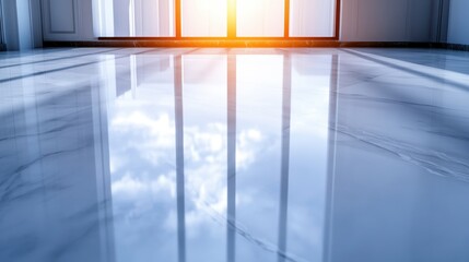 Poster - A beautifully polished marble floor reflects sunlight streaming through a modern window, enhancing the serene atmosphere with abstract light patterns and colors.