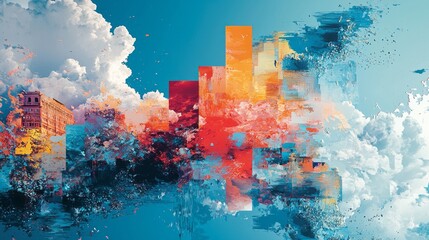 Poster - Bright hues merge cityscapes with swirling clouds, creating a stunning display of color and texture. This imaginative composition invites exploration into the interplay of nature and architecture