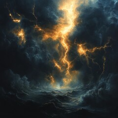 Poster - Intense thunderstorm depicted with a brooding dark sky and thick ominous clouds featuring striking bolts of lightning that cut through the atmosphere evoking a sense of impending chaos