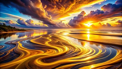 Poster - Abstract Swirling Hues Landscape: Golden Accent Fluid Art Design Stock Photo