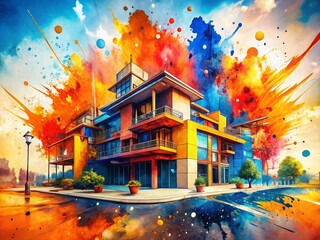 Poster - Abstract Watercolor Architectural Background: Red, Orange, Blue, Yellow Splashes