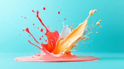 Poster - An eye-catching image illustrates a vibrant explosion of liquids against a serene background, embodying bliss and artistic harmony through movement and color.