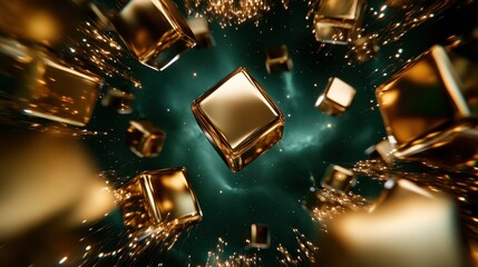 Poster - An explosive scene of golden cubes flying through space evokes feelings of energy and creativity, providing a stunning visual representation of luxury and modern design.