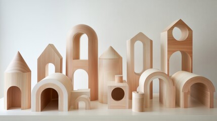 Poster - A collection of wooden geometric shapes arranged artistically on a clean white background