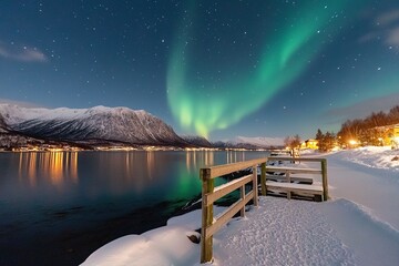 spectacular northern lights illuminate snowy landscape over calm water during winter night in norway