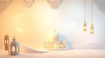 A 3D Islamic-themed Ramadan souvenir wallpaper showcasing creative light art, soft pastel colors, gentle soothing lighting, and abstract patterns