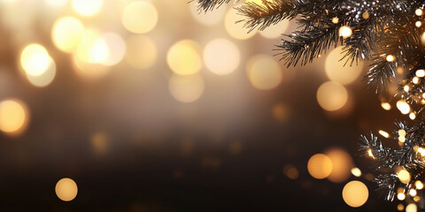 Wall Mural - Christmas tree branch with golden bokeh lights on dark background. holiday decor