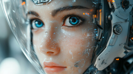 Poster - Close-up view of a humanoid robot face expressing deep emotion and wonder