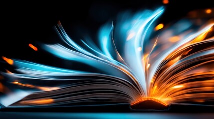 Poster - This artistic image features an open book releasing captivating light trails from its fluttering pages, symbolizing the beauty of thoughts and the power of storytelling.