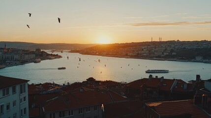 Canvas Print - Panoramic sunset view over a city and river with sailboats and birds.