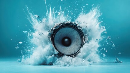 Poster - A dynamic visual of a loudspeaker bursting through water, creating an explosive splash that symbolizes energy and motion, merging music with artistic expression in a stunning display.