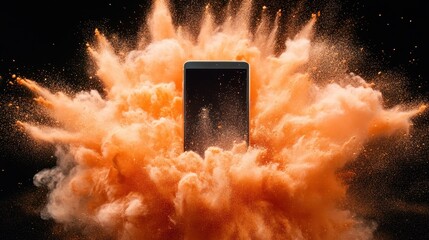 Poster - This powerful image depicts a smartphone enveloped in a colorful cloud of orange, symbolizing creativity and the boldness of contemporary technology.