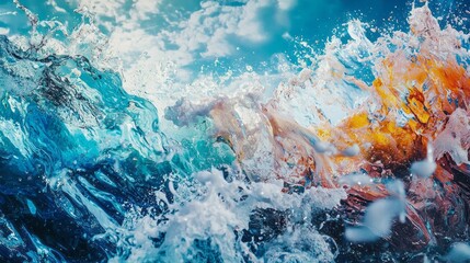 Poster - Waves roar and crest with striking shades of blue, orange, and turquoise, reflecting sunlight and splashing droplets into the air. The sky above adds depth to this coastal spectacle