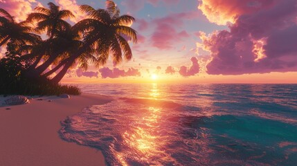 Wall Mural - Tropical Sunset Paradise Idyllic Beach Scene with Palm Trees and Vibrant Sky