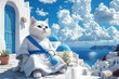 © Izanbar MagicAI Art - Greece Santorini Greek cat wearing a white tunic with a blue sash, sitting on a whitewashed terrace with vibrant blue domes and the sparkling Aegean Sea in the background.