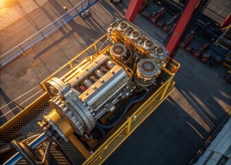 Poster - Aerial Drone Shot: Complex Industrial Engine Machinery, Detailed Close-Up