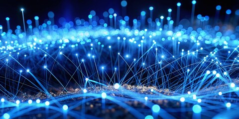 Poster - Aerial Drone Shot: Glowing Blue Fiber Optics Network, Abstract Technology Background