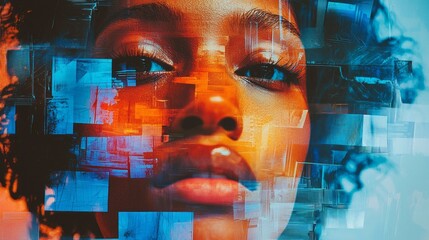 Aufkleber - A captivating display of creativity manifests in a blue-toned collage, showcasing a close-up of a woman's face