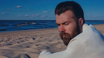 A man with a beard sits on the beach wearing a white sweater. He looks tired and is staring off into the distance