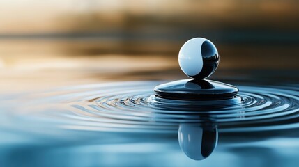 Poster - A striking image of a reflective droplet resting on a smooth, calm water surface, illustrating simplicity and tranquility through the balance of light and shadow in a serene environment.