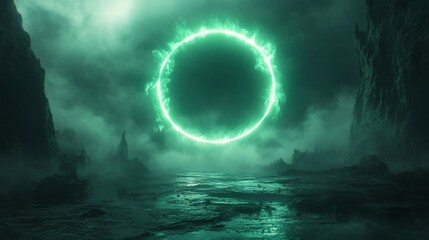 Poster - Bright neon green circular light illuminating dark canvas framed by a laser glow and smoke effect forming an electric futuristic portal template perfect for innovative design work