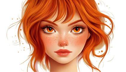 Wall Mural - Beautiful Girl Portrait Digital Art Orange Hair Freckles Amber Eyes Illustration Graphic Design     