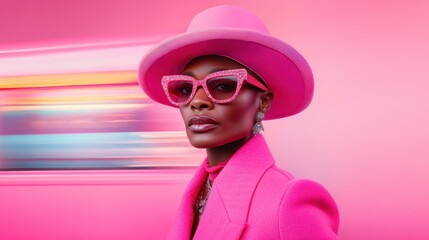 Poster - A fashionable woman wearing pink sunglasses and a matching pink hat poses confidently against a vibrant, blurred pink background, embodying modern style and creativity.