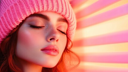 Poster - A captivating close-up of a young woman with closed eyes surrounded by soft neon light, symbolizing serenity, beauty, and the emotion of stillness in a fast-paced world.