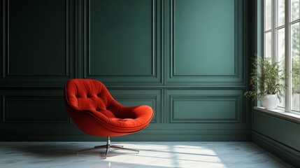 Poster - Bright red chair positioned the center of a green room with classic wall panel frames The modern luxury design combined with a vibrant chair creates a striking and elegant studio mockup