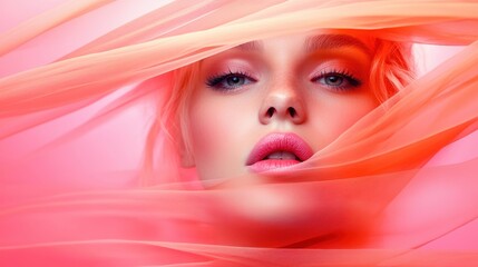 Aufkleber - An artistic capture features a model enveloped in flowing ribbons of bright hues, blending beauty and color into a mesmerizing visual composition that captivates viewers.