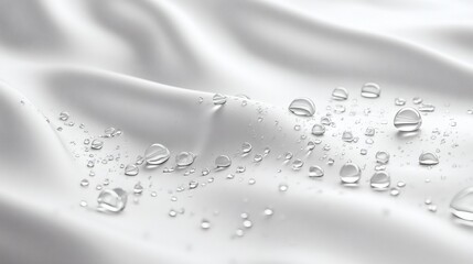 Poster - Closeup of transparent water drops scattered across smooth light background The realistic droplets create a fresh rain texture perfect for showcasing purity and hydration themes