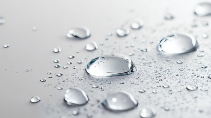 Poster - Closeup of transparent water drops scattered across smooth light background The realistic droplets create a fresh rain texture perfect for showcasing purity and hydration themes