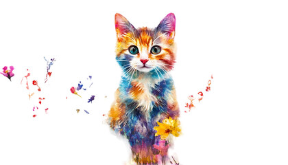 Wall Mural - Vibrant Watercolor Kitten with Flowers Artistic Pet Colorful Design cat cute image black young small