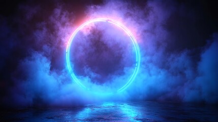 Poster - Deep blue neon ring light shining brightly accompanied a glowing laser frame and ethereal smoke effect set on a black background perfect for a sleek and modern portal design